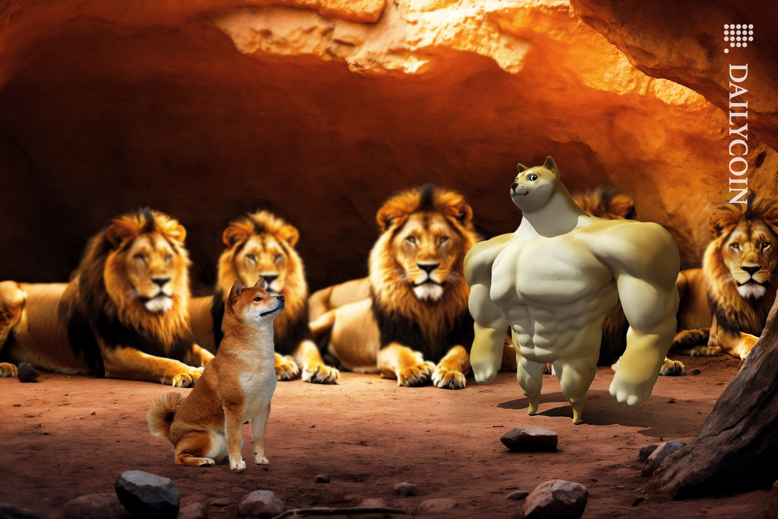 Shiba inu and Doge together in a den with lions.