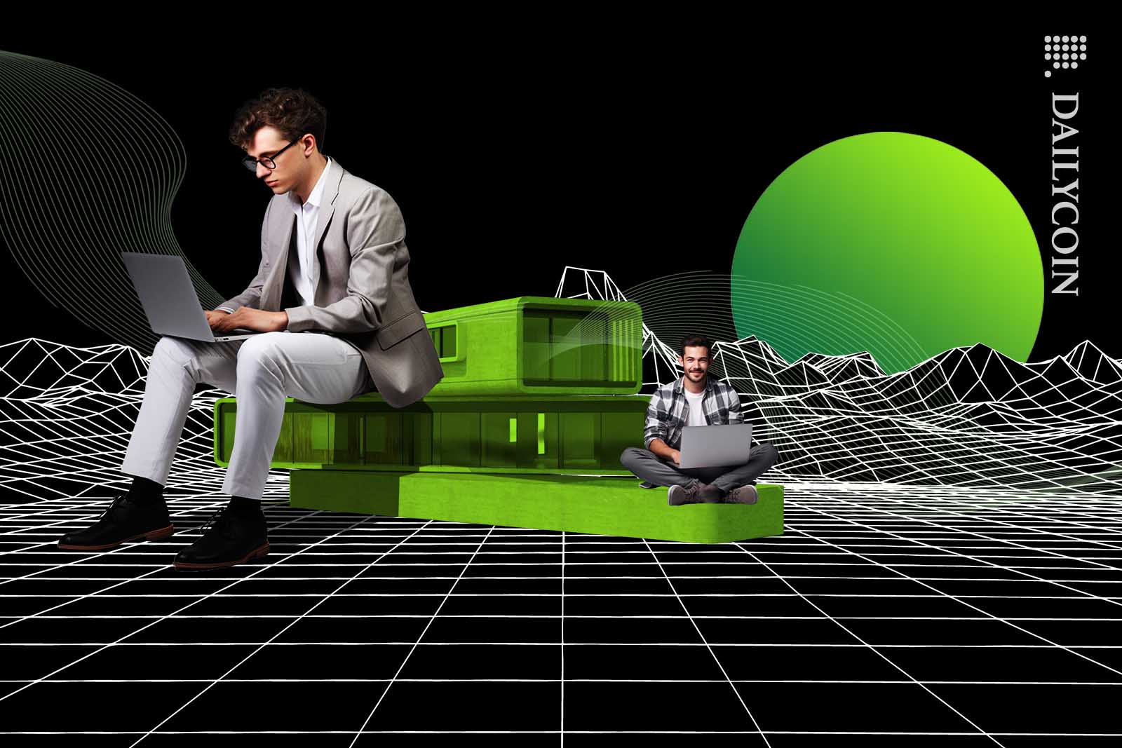 Two smart looking men working on a green building in a digital wireframe environment.