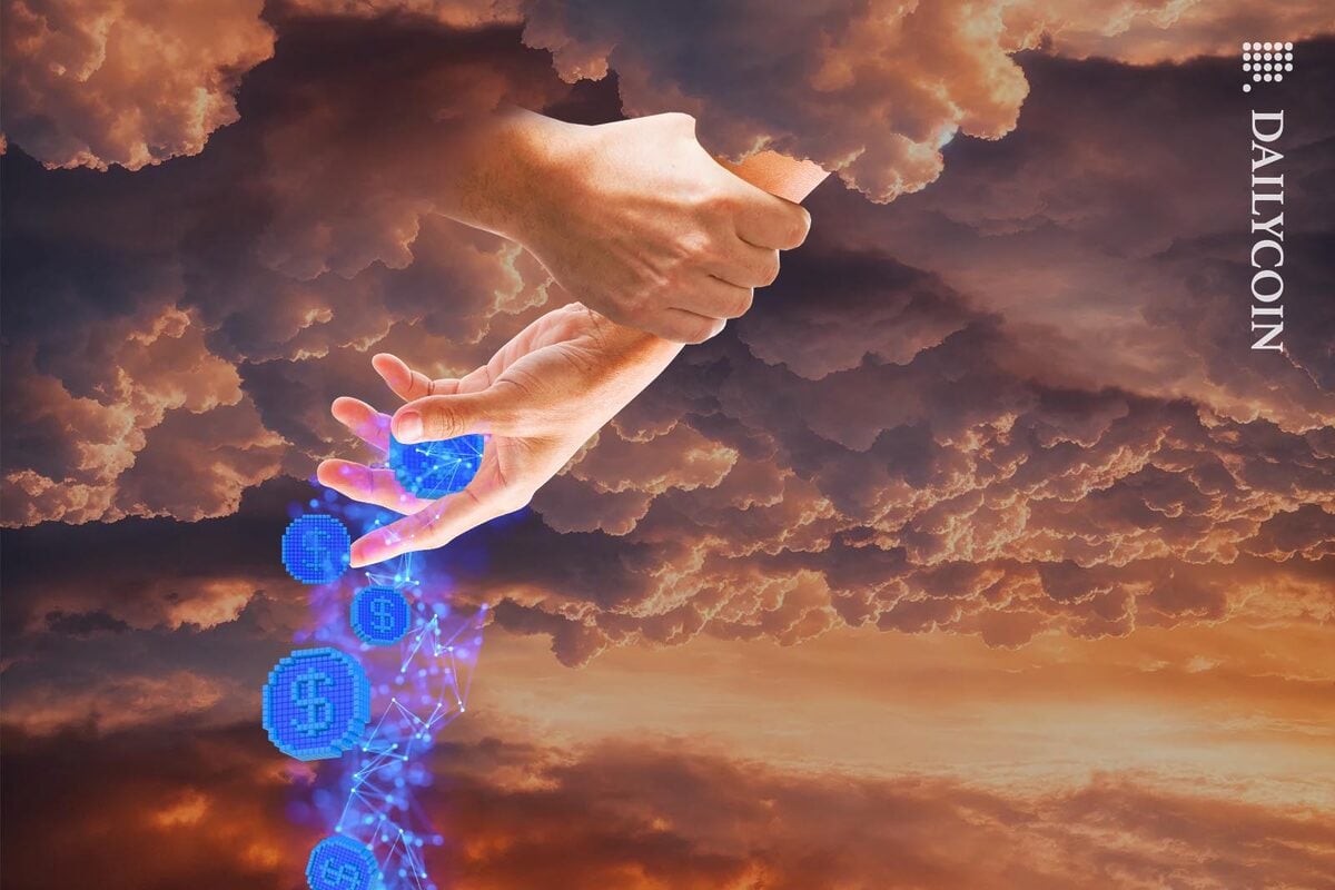 A hand distributing digital money from the clouds being stopped by another hand.