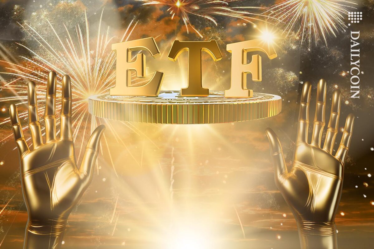 Big ETF sign on top of Bitcoin being raised by huge golden hands surrounded by fireworks.