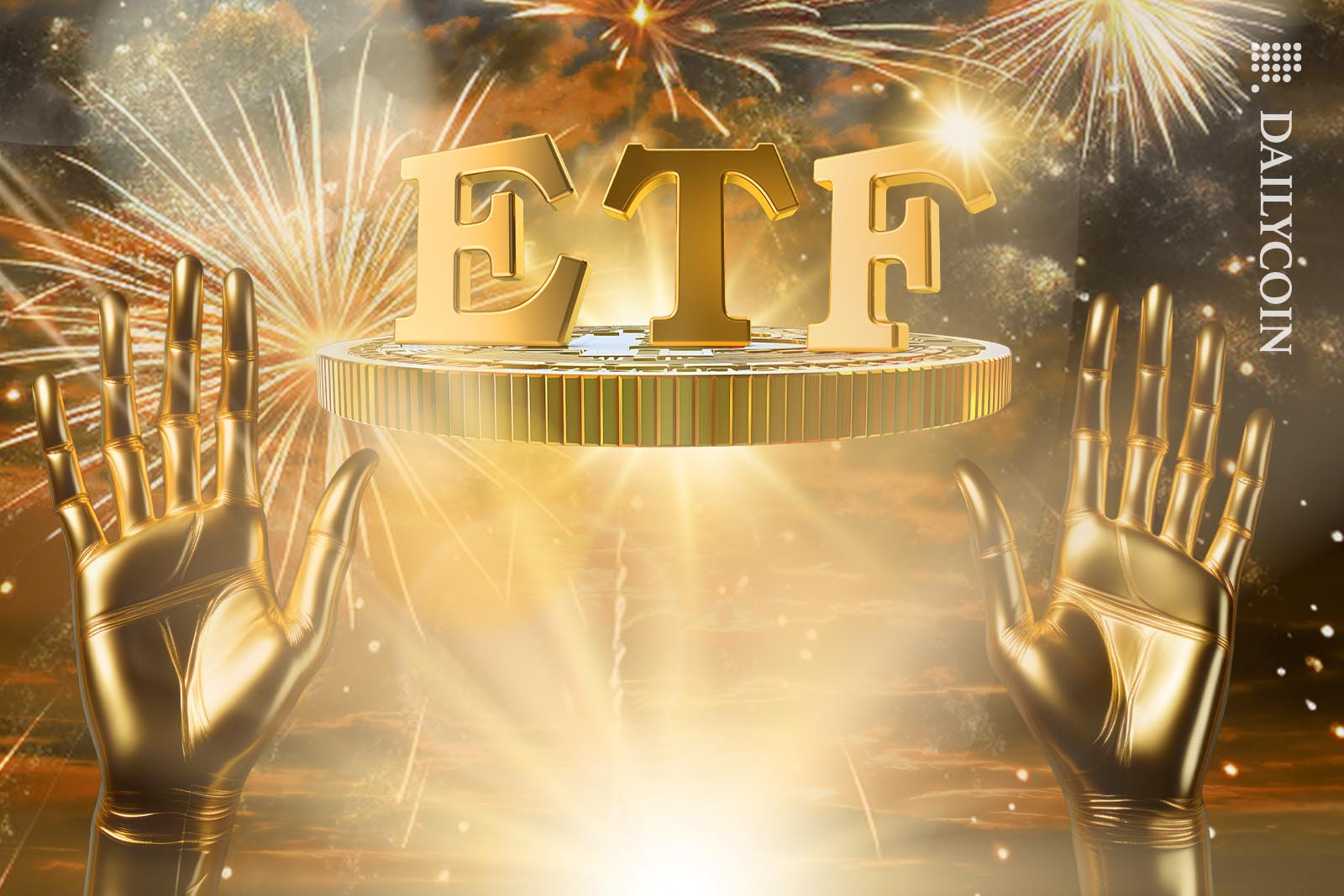 Big ETF sign on top of Bitcoin being raised by huge golden hands surrounded by fireworks.