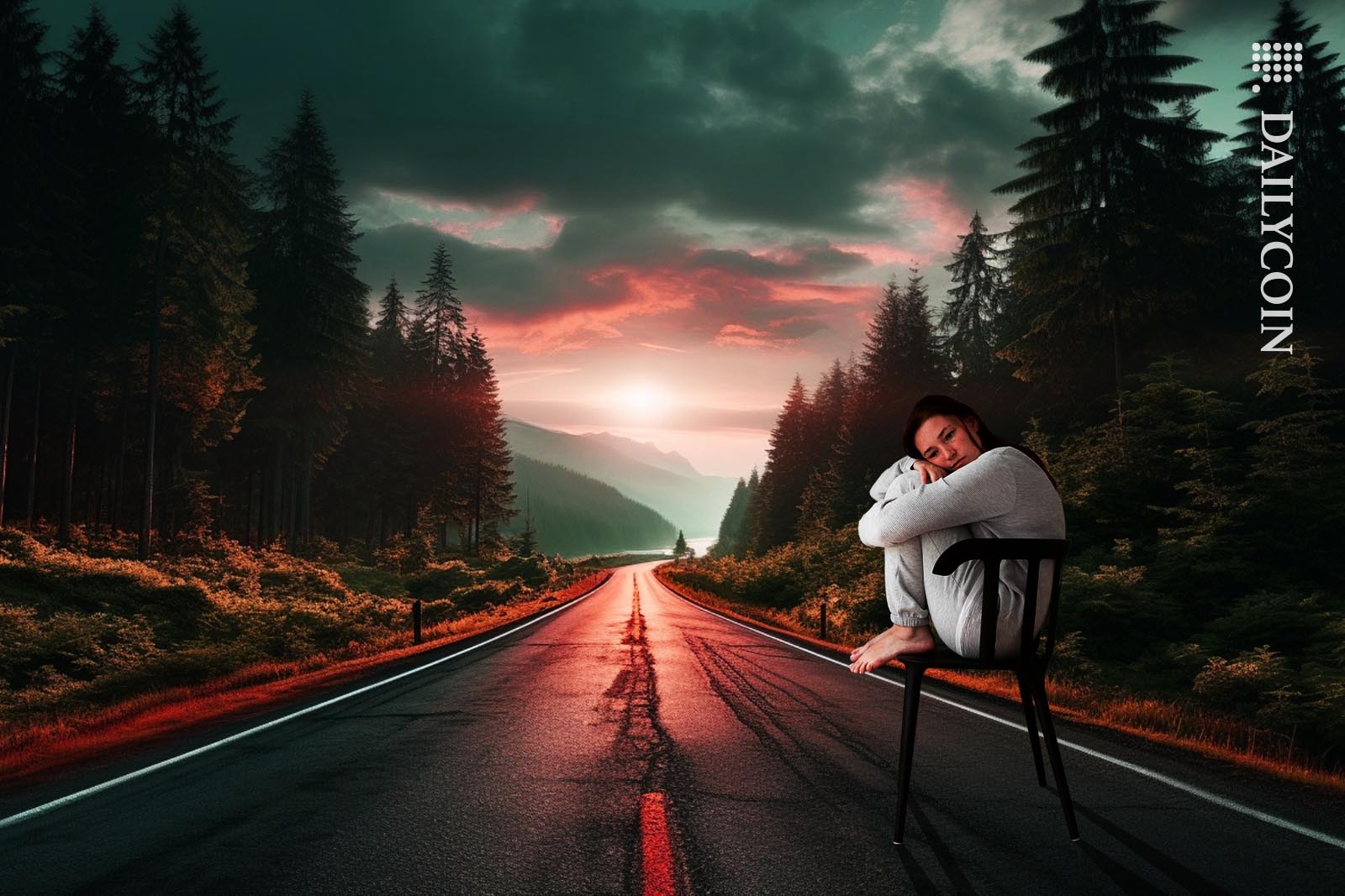 Woman looking sad sitting on a chair, waiting for something on an endless road.