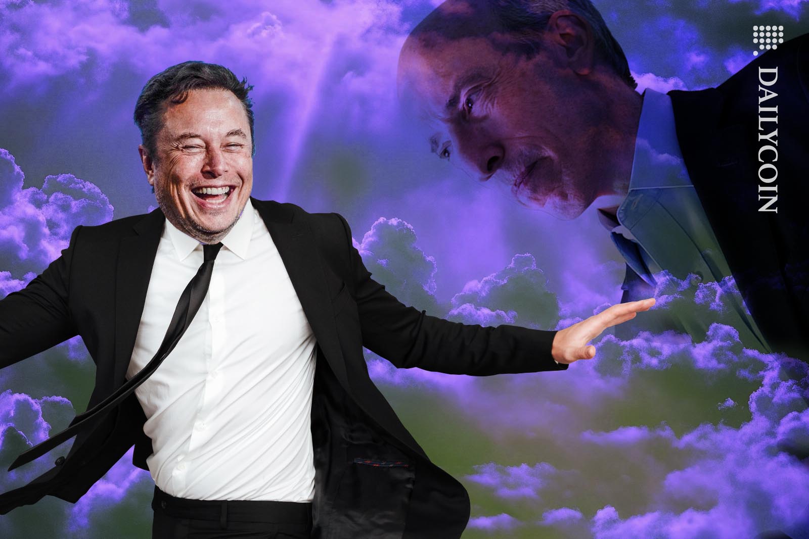 Elon Musk laughing as Gary Gensler looking over him angry in the clouds.