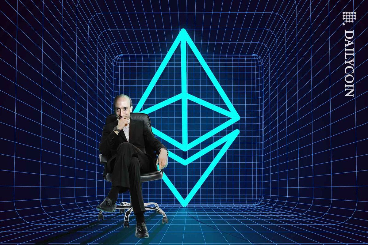 Gary Gensler sitting in a digital room smiling, with a huge neon Ethereum sign behind him.