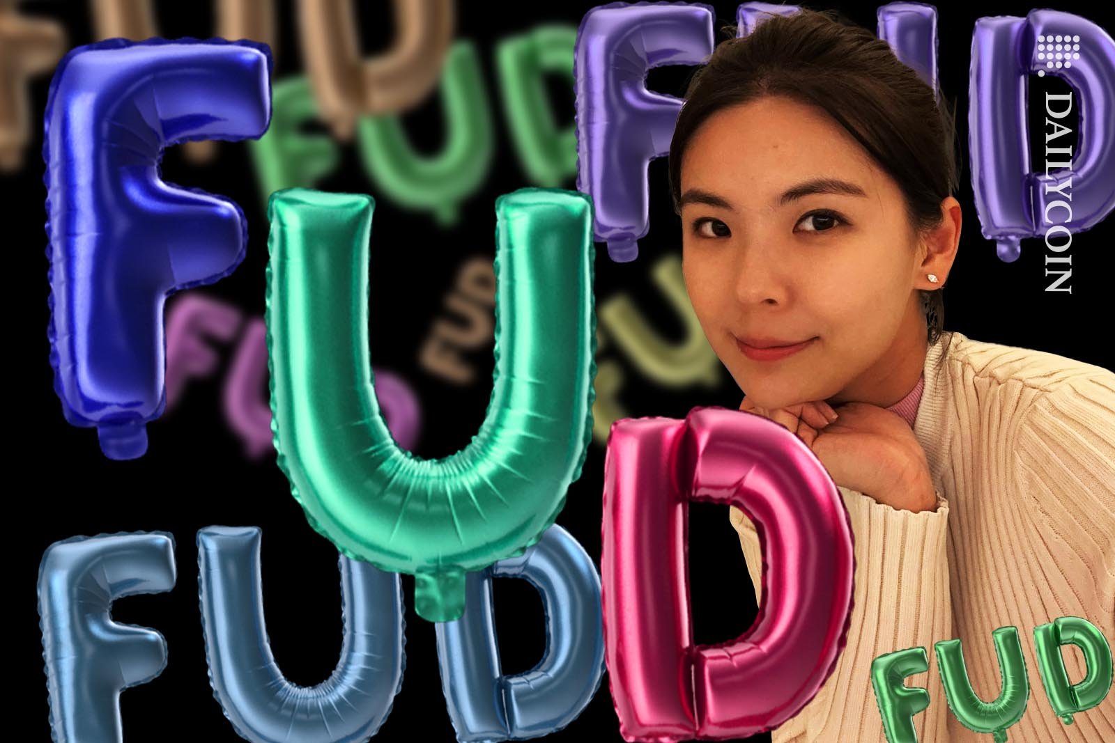 Gracy Chen smiling, surrounded by balloon letters spelling out FUD.