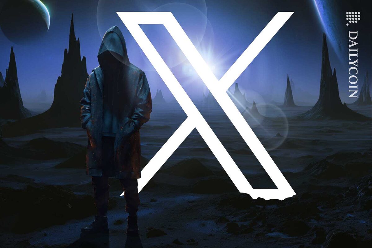 Hoodied dark figure stands infront of a X logo on an alien planet.