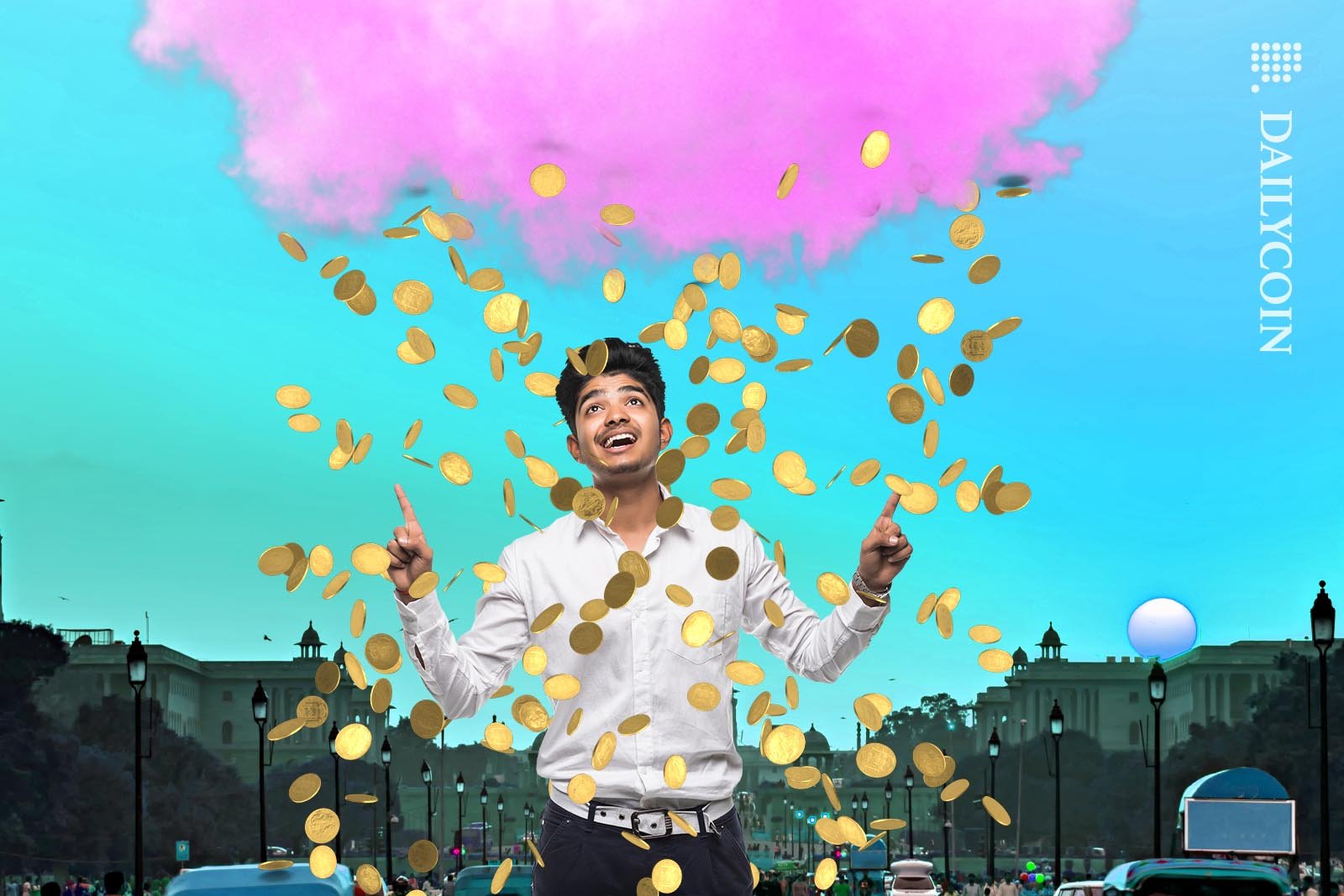 Indian man standing under a pink cloud as golden coins falling from above.