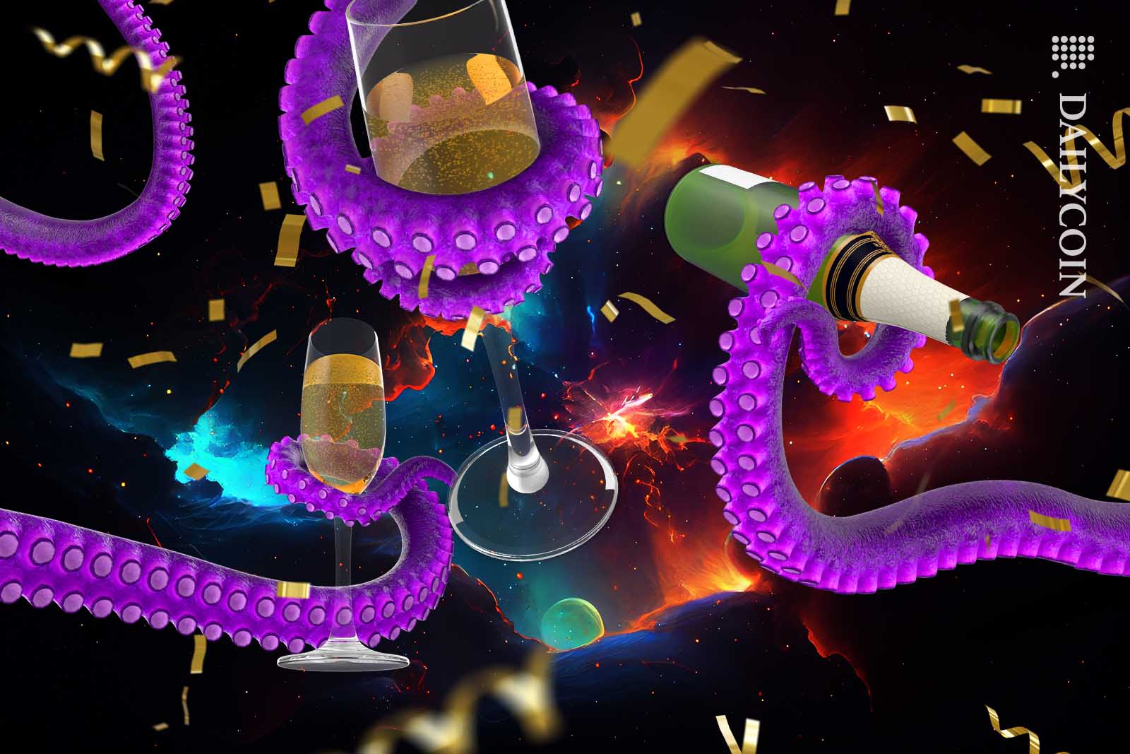 Purple octopus celebrating with champagne and confetti.