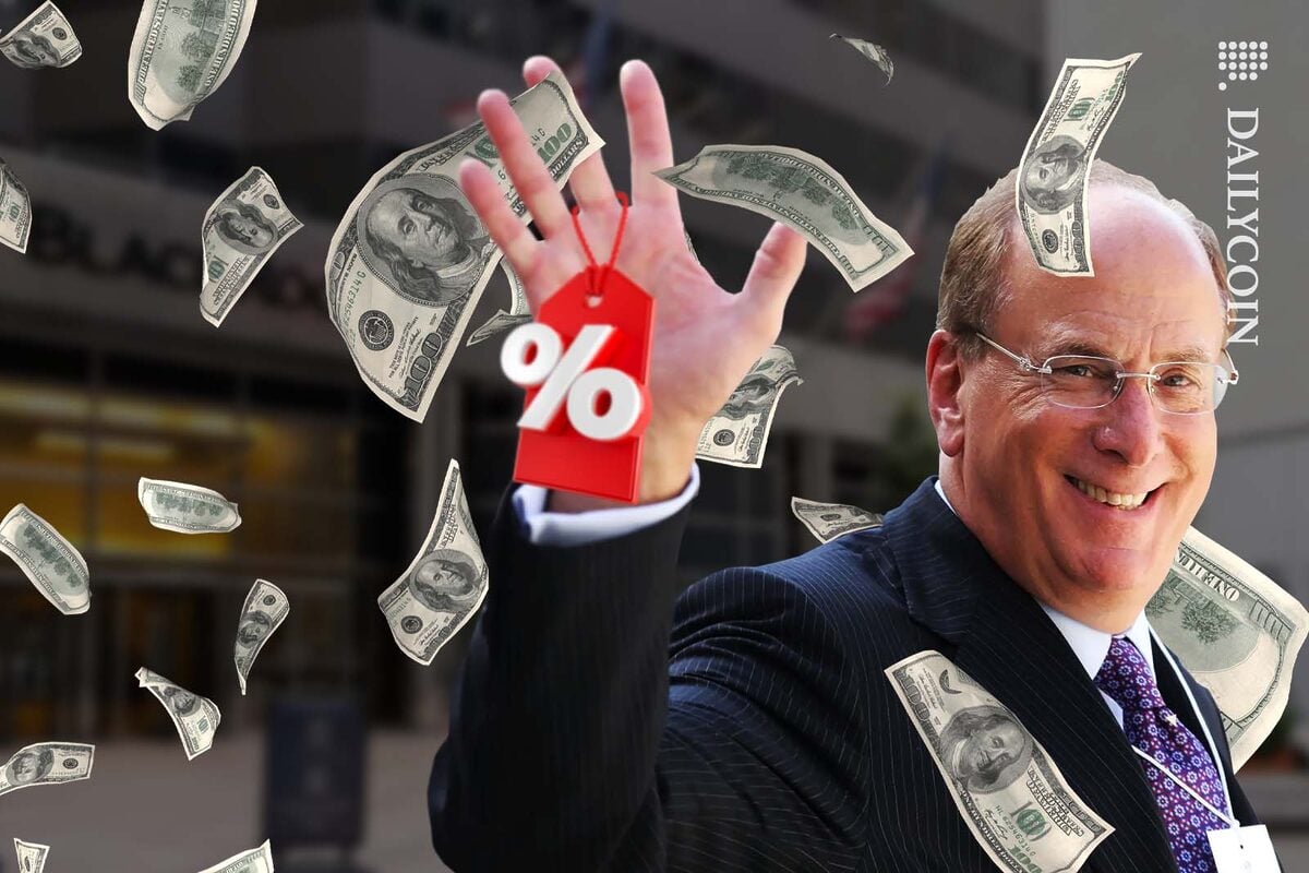 Larry Fink smiling as holding a discount label in his hand, infront of the BlackRock HQ.
