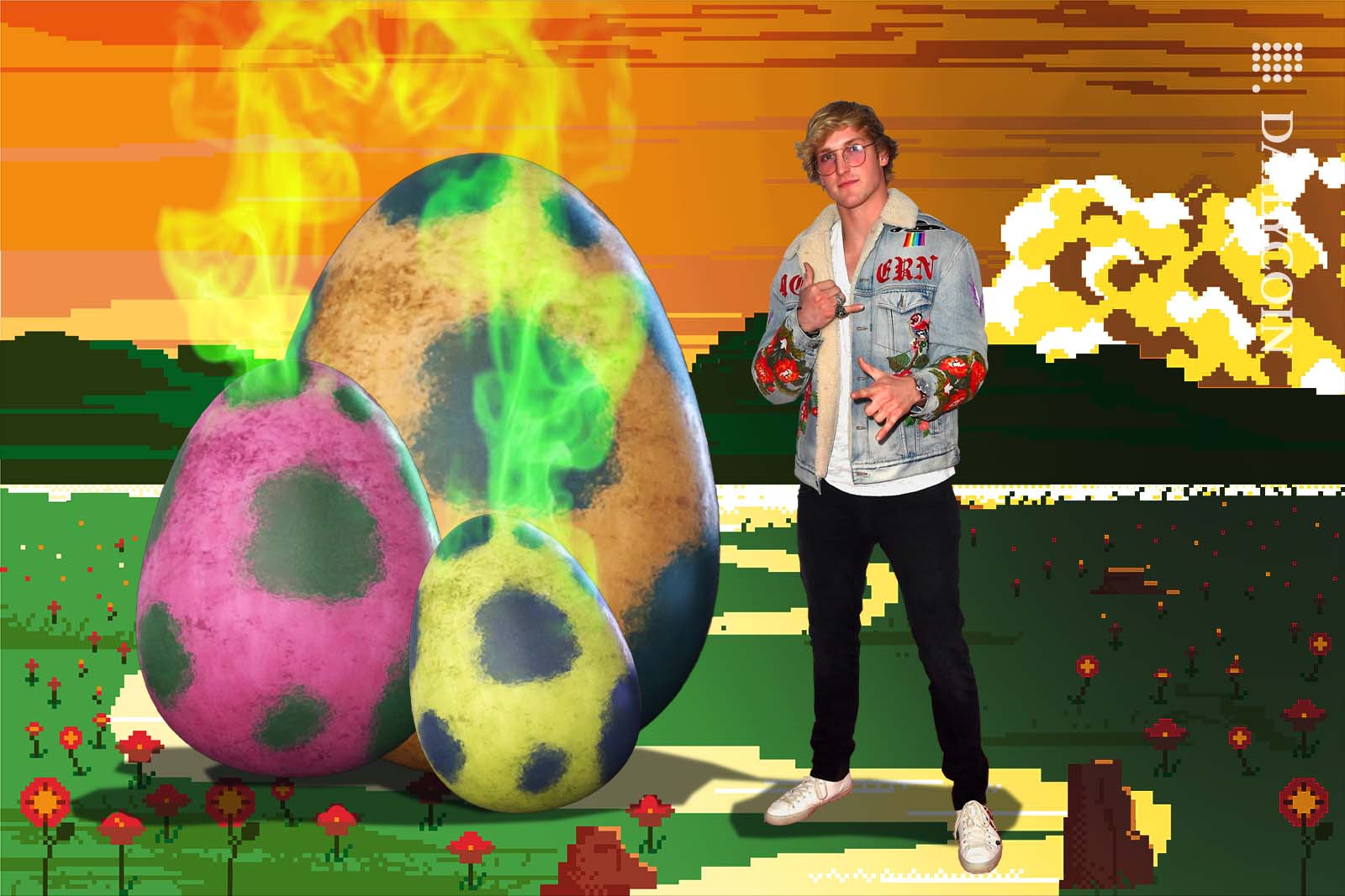 Logan Paul posing next to some smelly CryptoZoo eggs in a pixelated environment.