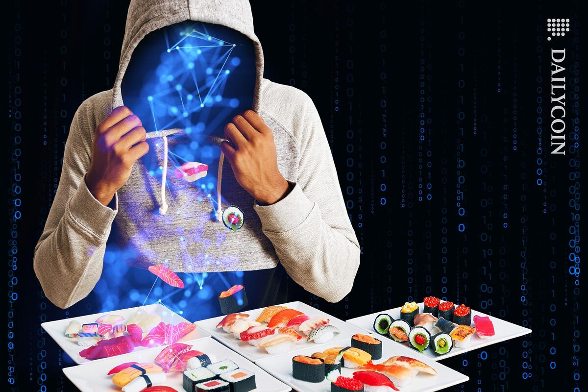 Man without a face moving sushi telekinetically from plates to his hoodie.