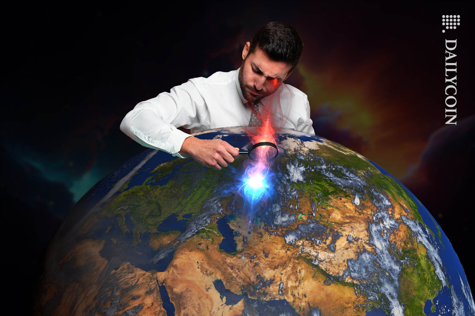 Man in white shirt searcing for something on planet Earth with a magnifying glass.