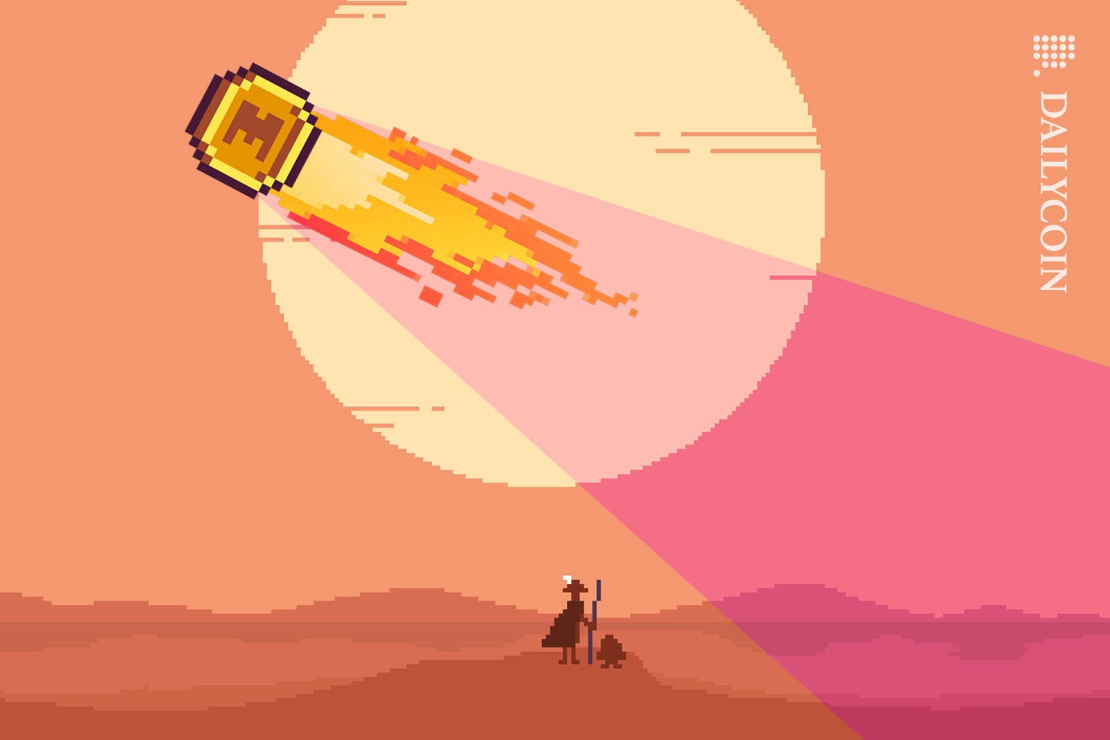 A Memecoin flying accross the sky watched by a shephard and his dog in pixelart style.
