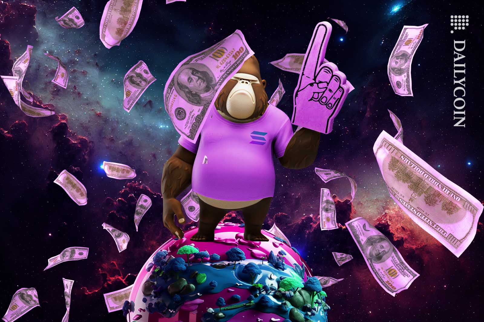 Solana NFT Gorilla with a big foam hand pointing up whilst standing on a tiny planet surrounded by money.