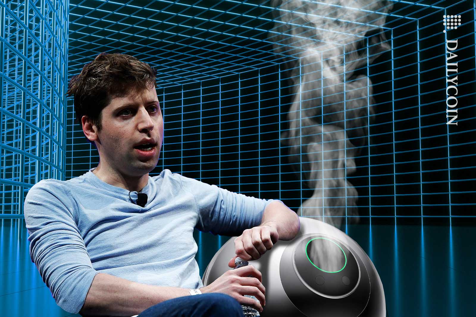 Sam Altman sitting confidently next to a Worldcoin Orb, resting his elbow on it.