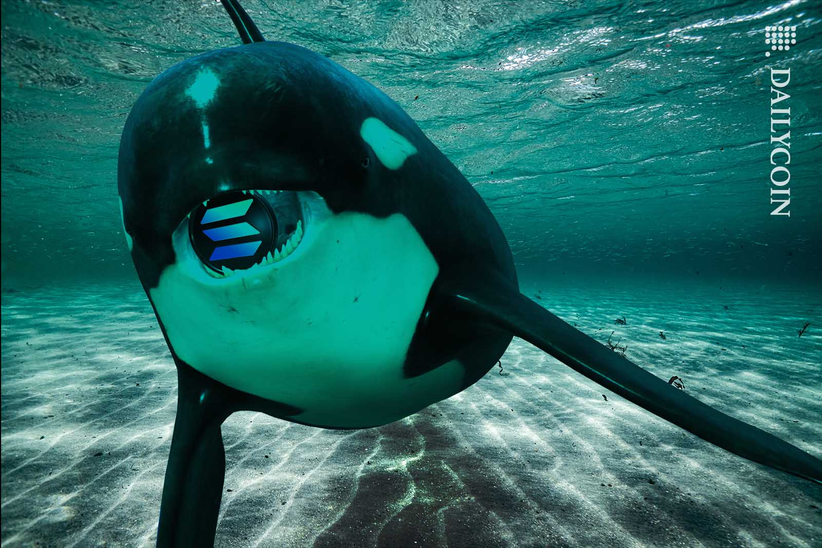 Orca holds a Solana SOL coin in its mouth under water.