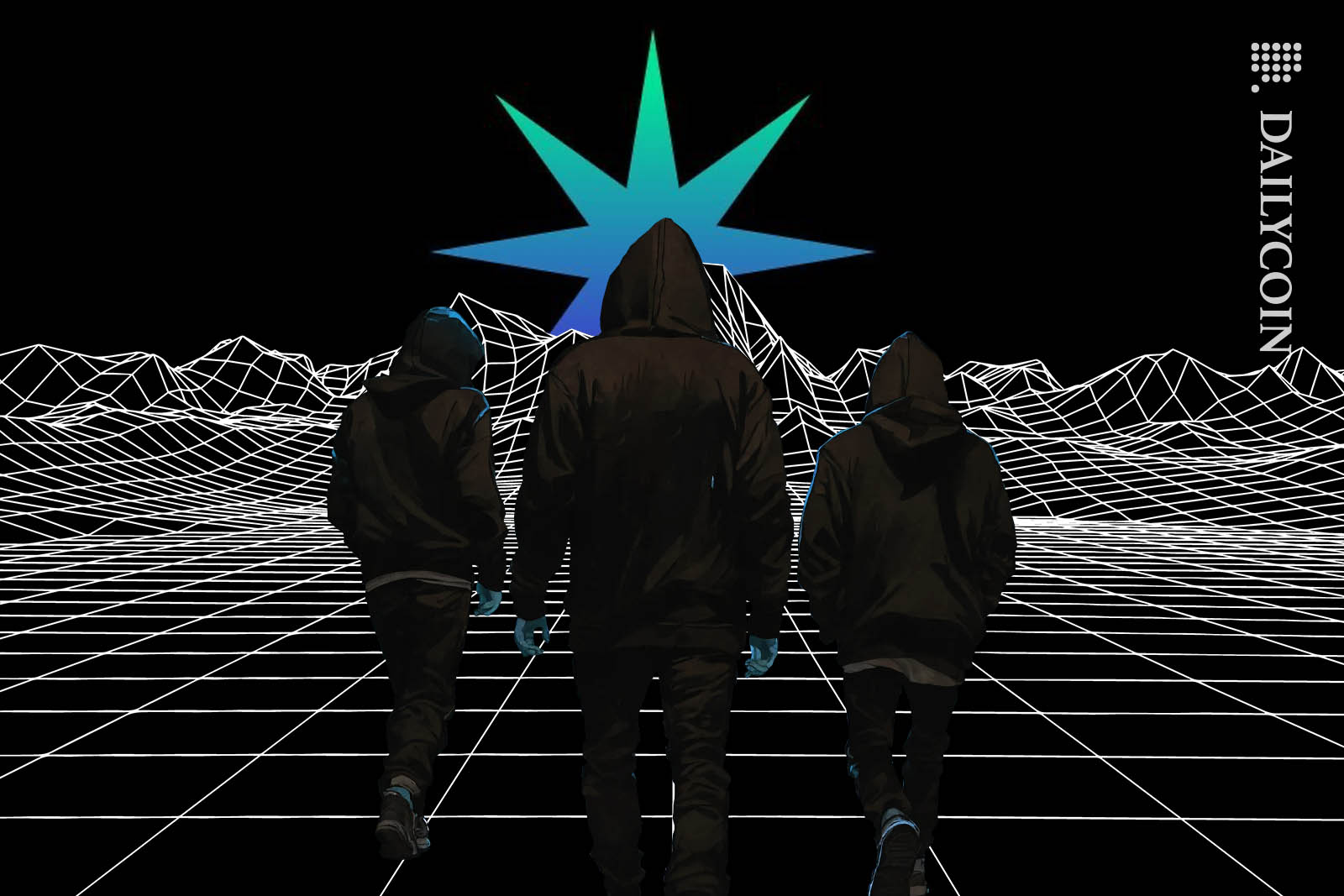 Three hooded figures approaching a blue star in a wireframe landscape.