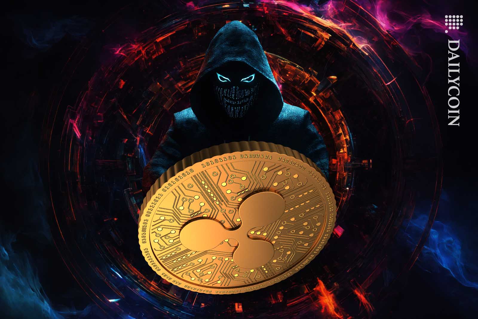 Evil faced hacker creature smiling behind a Ripple coin in a digital environment.