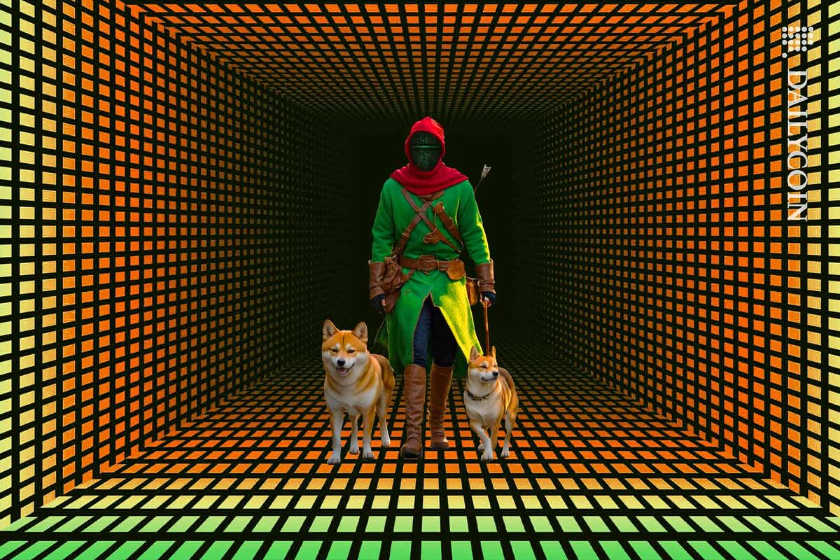 A Robin Hood-like character walking two Shiba Inus in a digital tunnel.