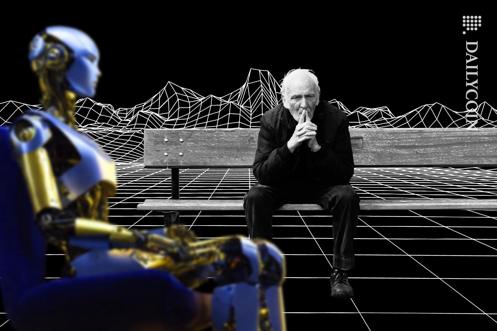 A shiny robot having a coversation wit an old man sitting on a bench.
