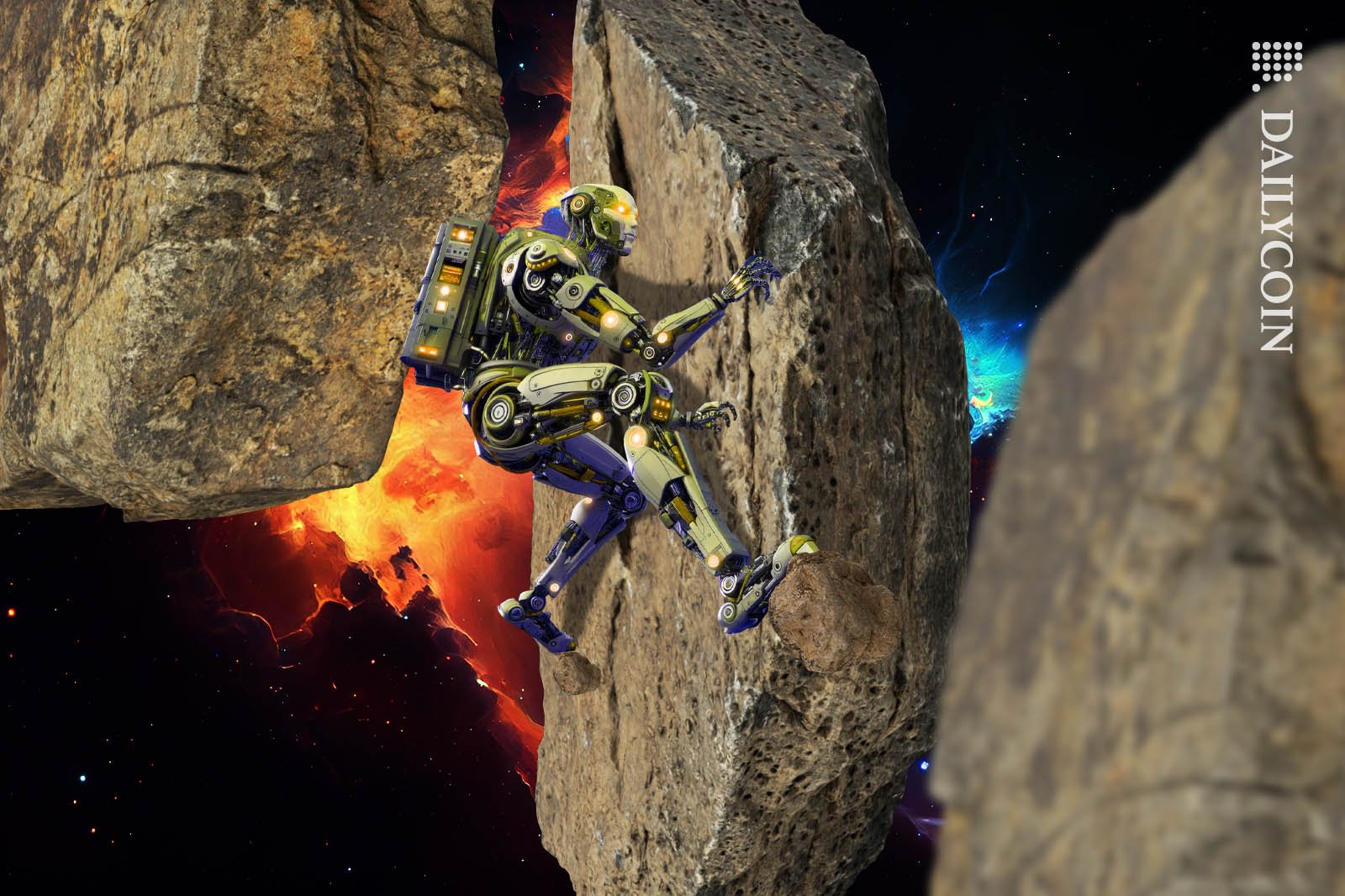 Futuristic robot climbing a huge rock floating in space.