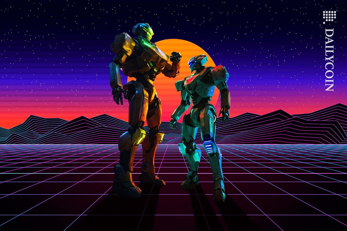 Two robots sizing eachother up in a retro futuristic landscape.