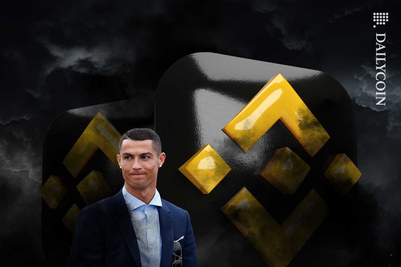 Christiano Ronaldo looking disappointed under a dark and cloudy sky and Binance logos in the background.