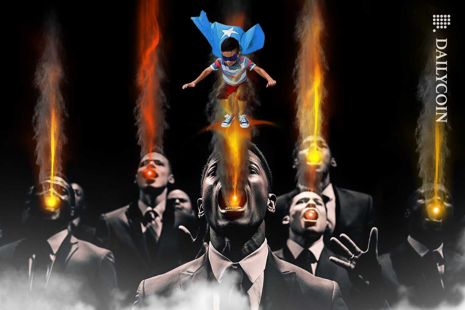 Evil suited man spitting fire upwards as a small superhero kid surfing on the flames unfazed.