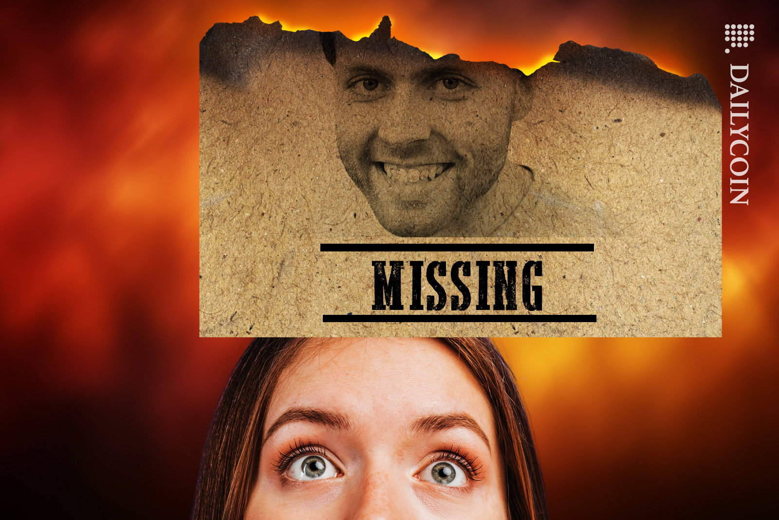 Girl looks up at a burning missing poster of Sam Trabucco.