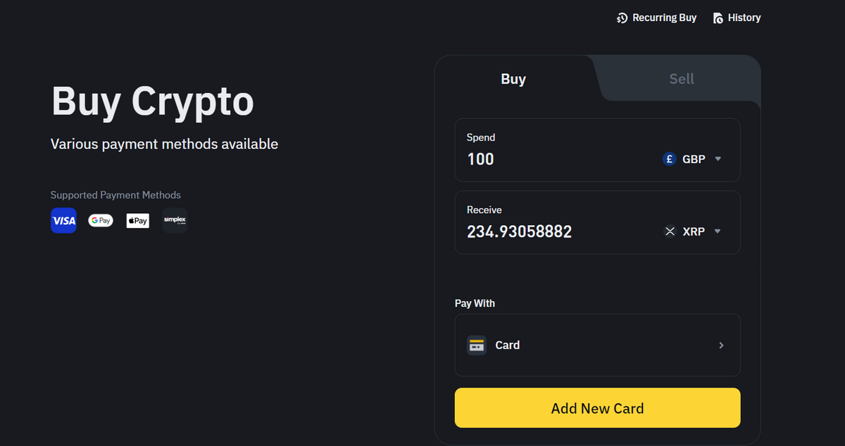 Instructions on how to buy XRP on Binance with a credit or debit card.