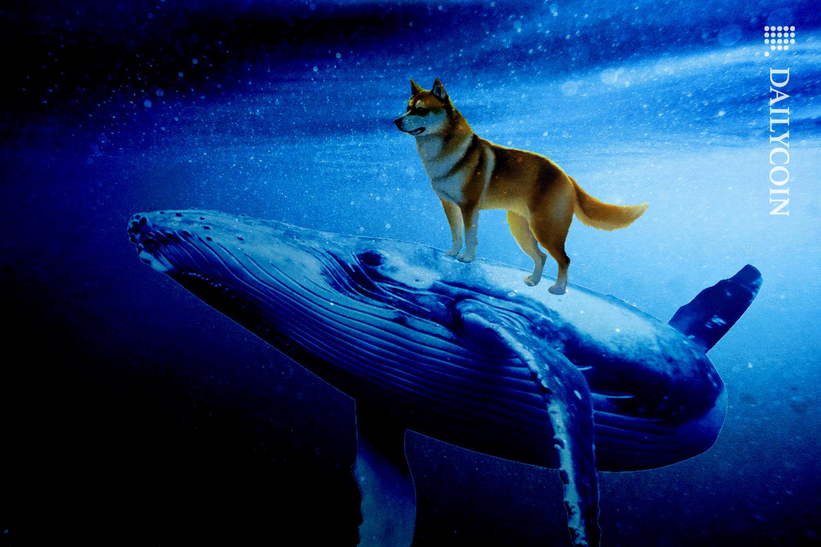 Shiba Inu riding a whale under water.
