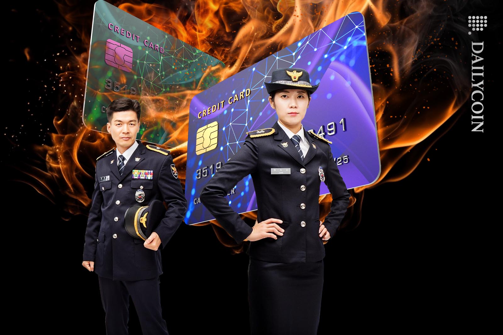 South Korean police officers posing infront of burning credit cards.