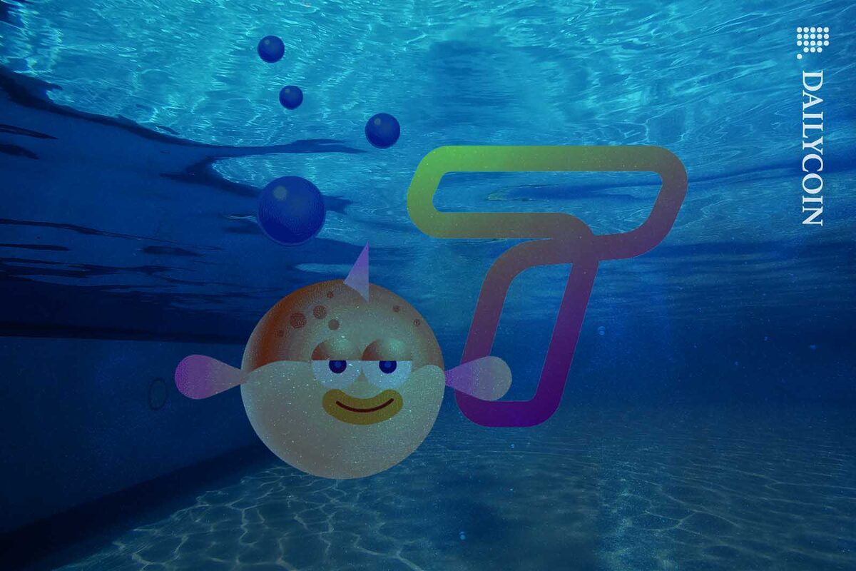 Taki Games fish swimming next to a Taki logo in a swimming pool.