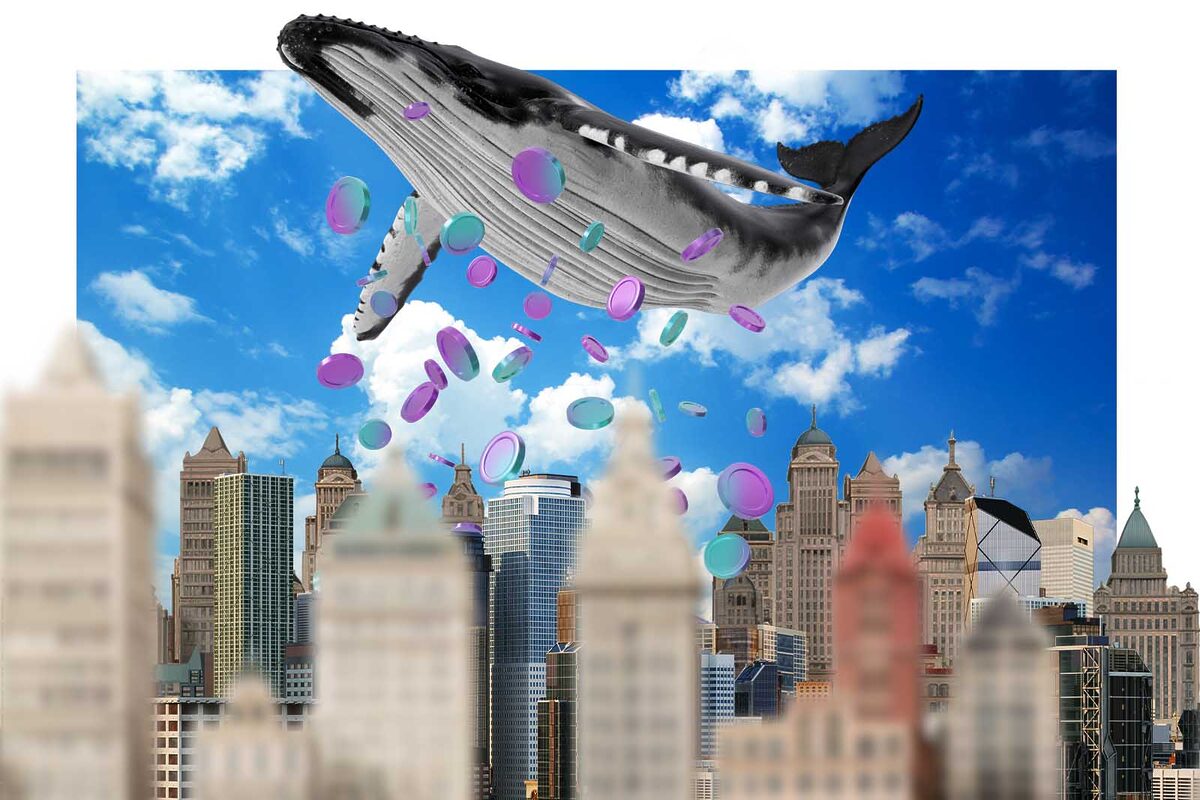 Whale flying above a big city, dumping a lot of Solana coins.