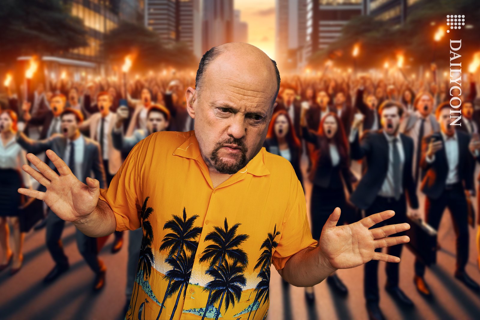 Jim Cramer being chased with angry people.