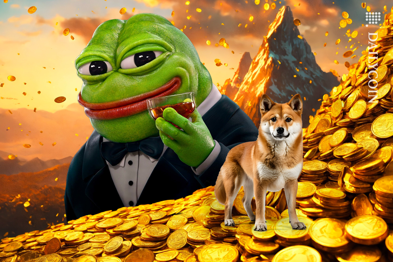Shiba and Pepe celebrating the news on a avalanche of coins.