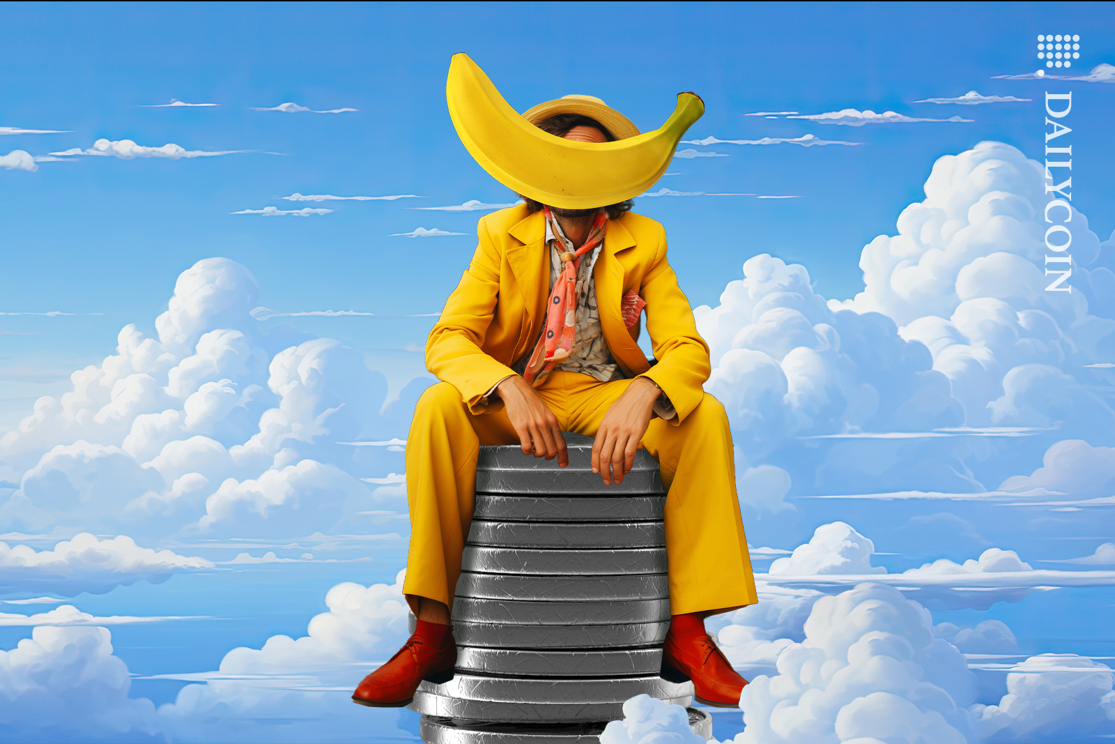 Man sitting on coins sky high, with a banana covering his face.
