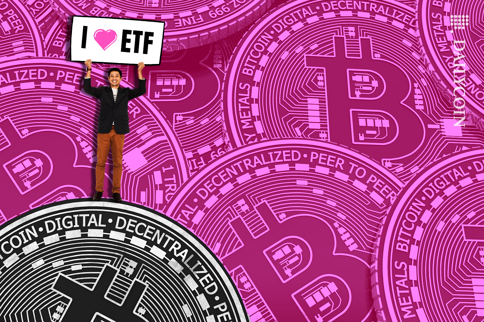 Crypto expert standing on Bitcoins holding ''I love ETF'' sign.