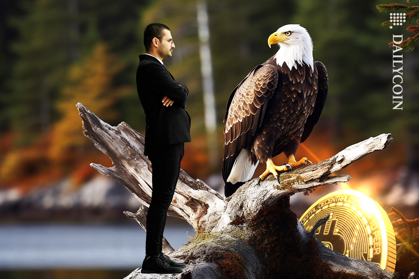 Man seeing that an American eagle is hiding a piece of Bitcoin.