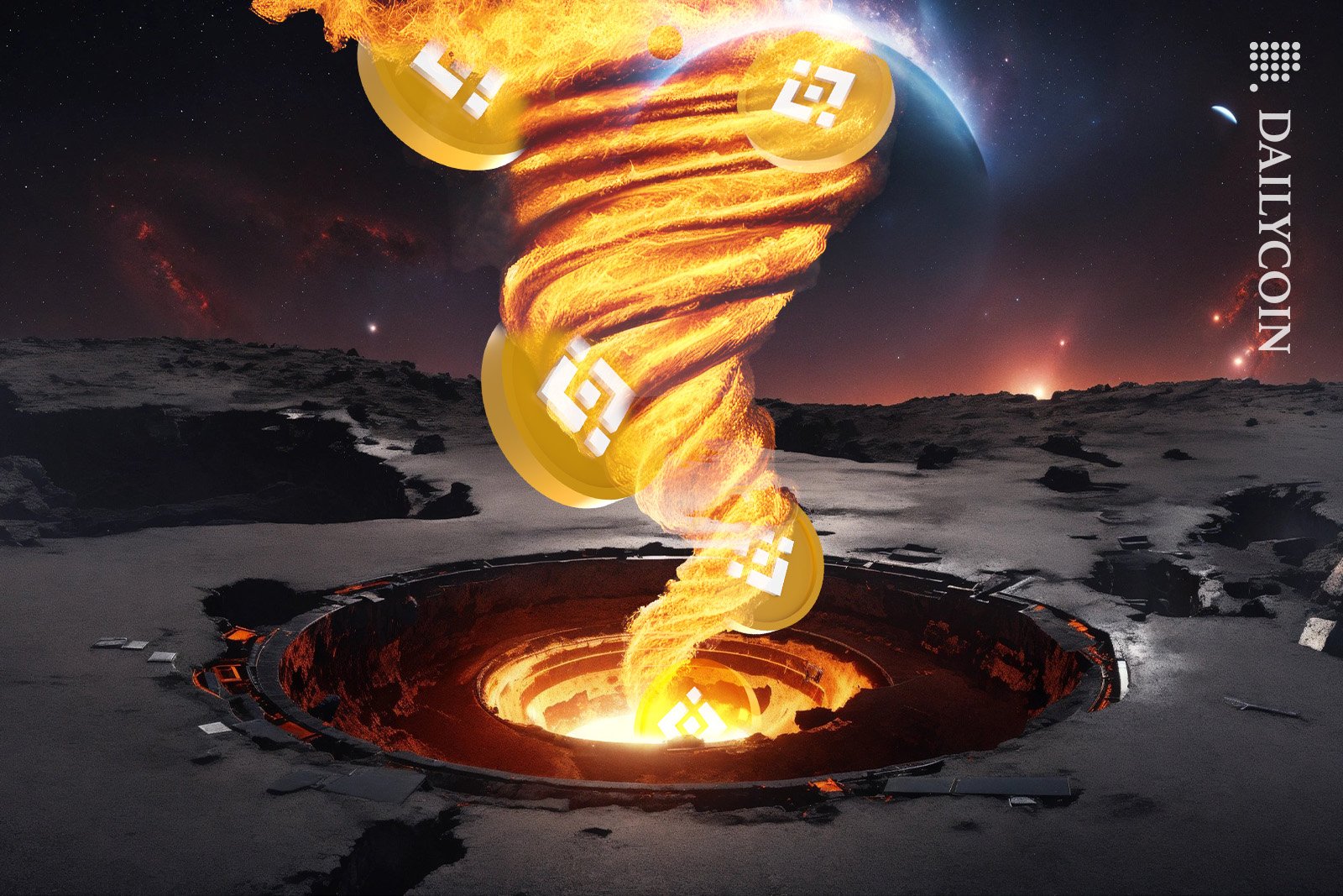 BNB tokens burning in a fire tornato from a hole in the ground.