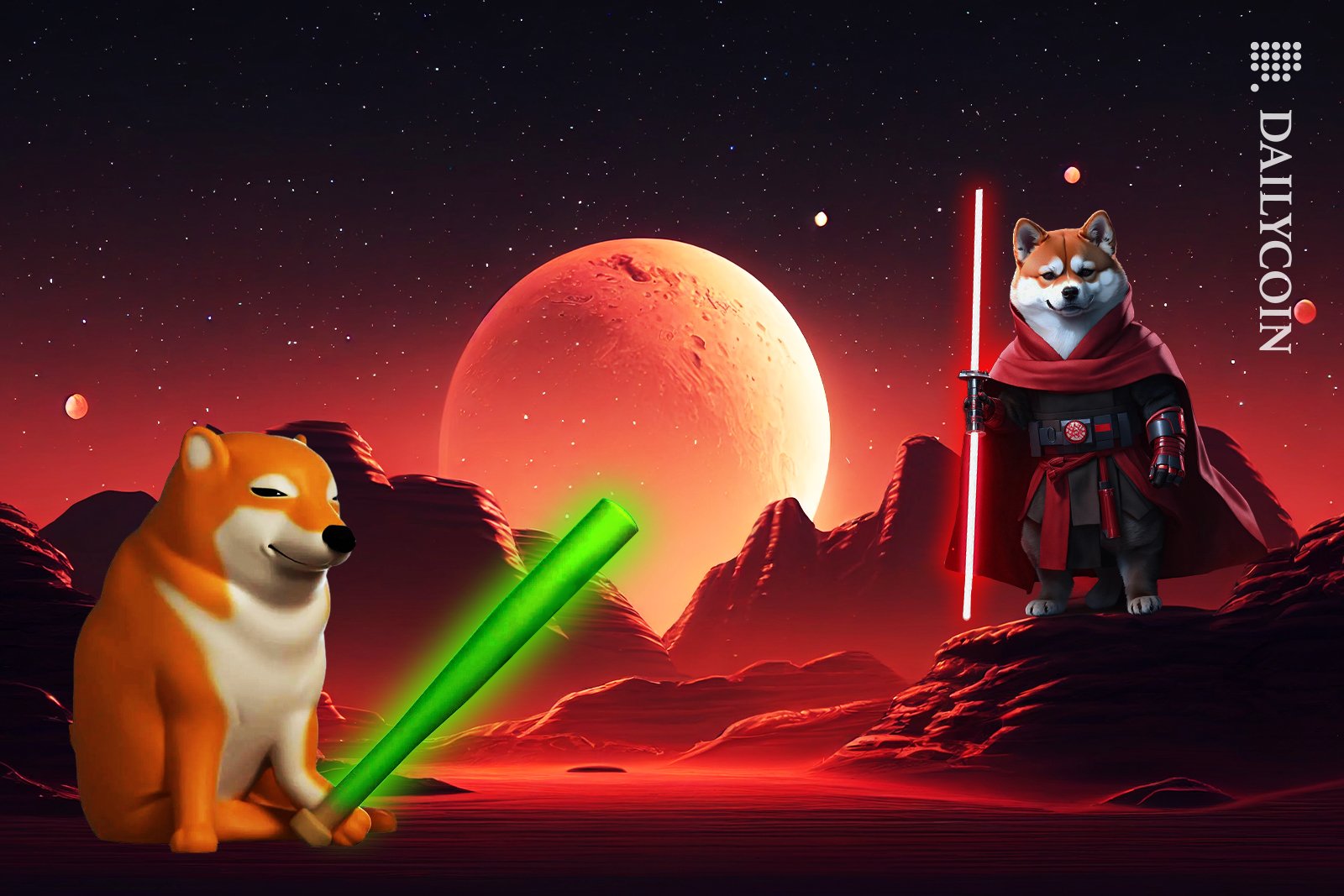 Shiba inu with a lightsaber and Bonk is waiting for him with a baseball bat lightsaber.