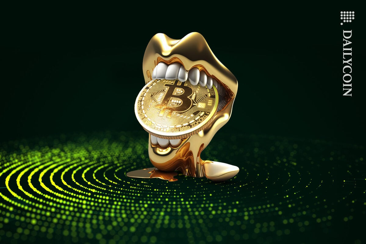 Gold mout taking a bite out of a Bitcoin in a green landscape.