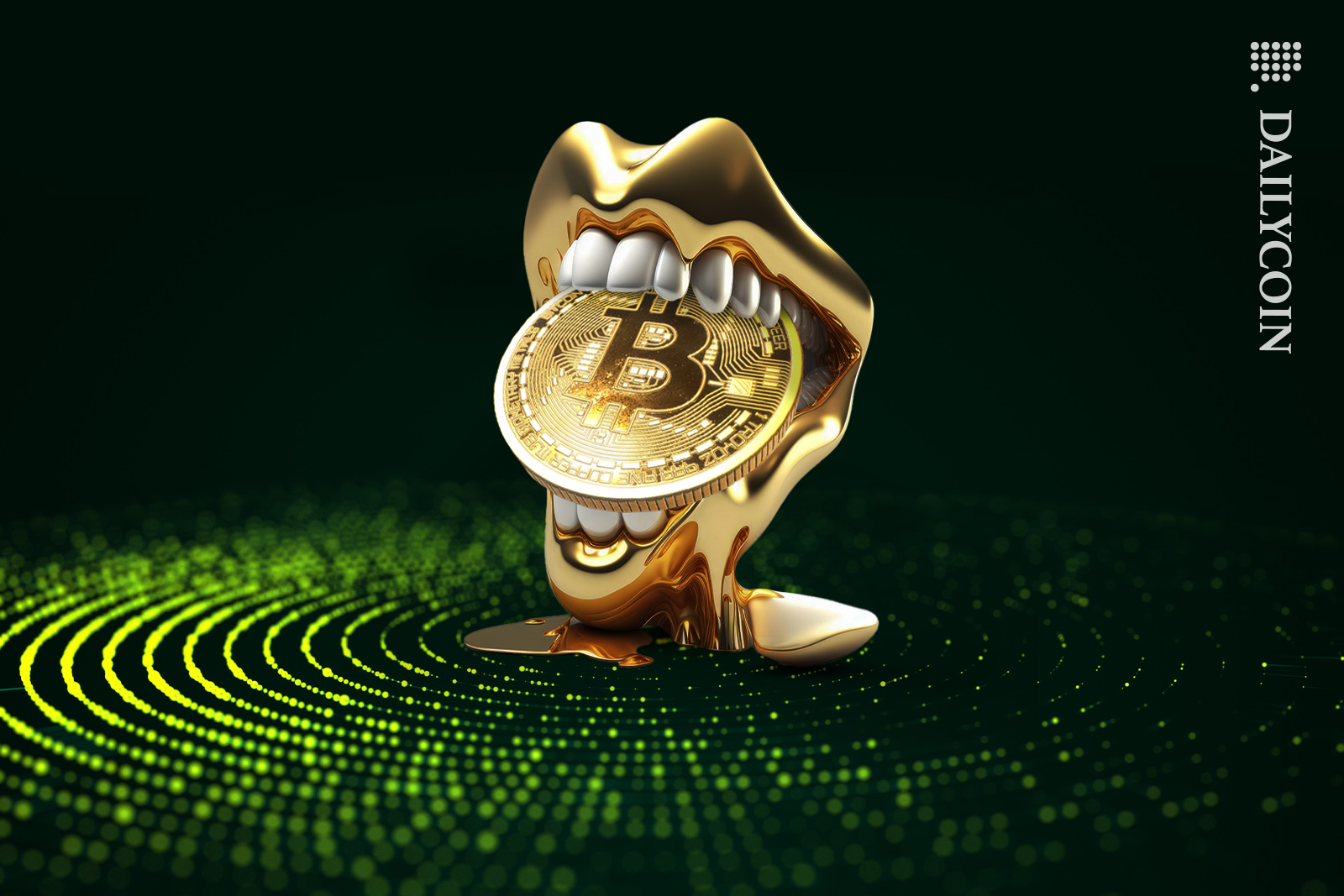 Gold mout taking a bite out of a Bitcoin in a green landscape.