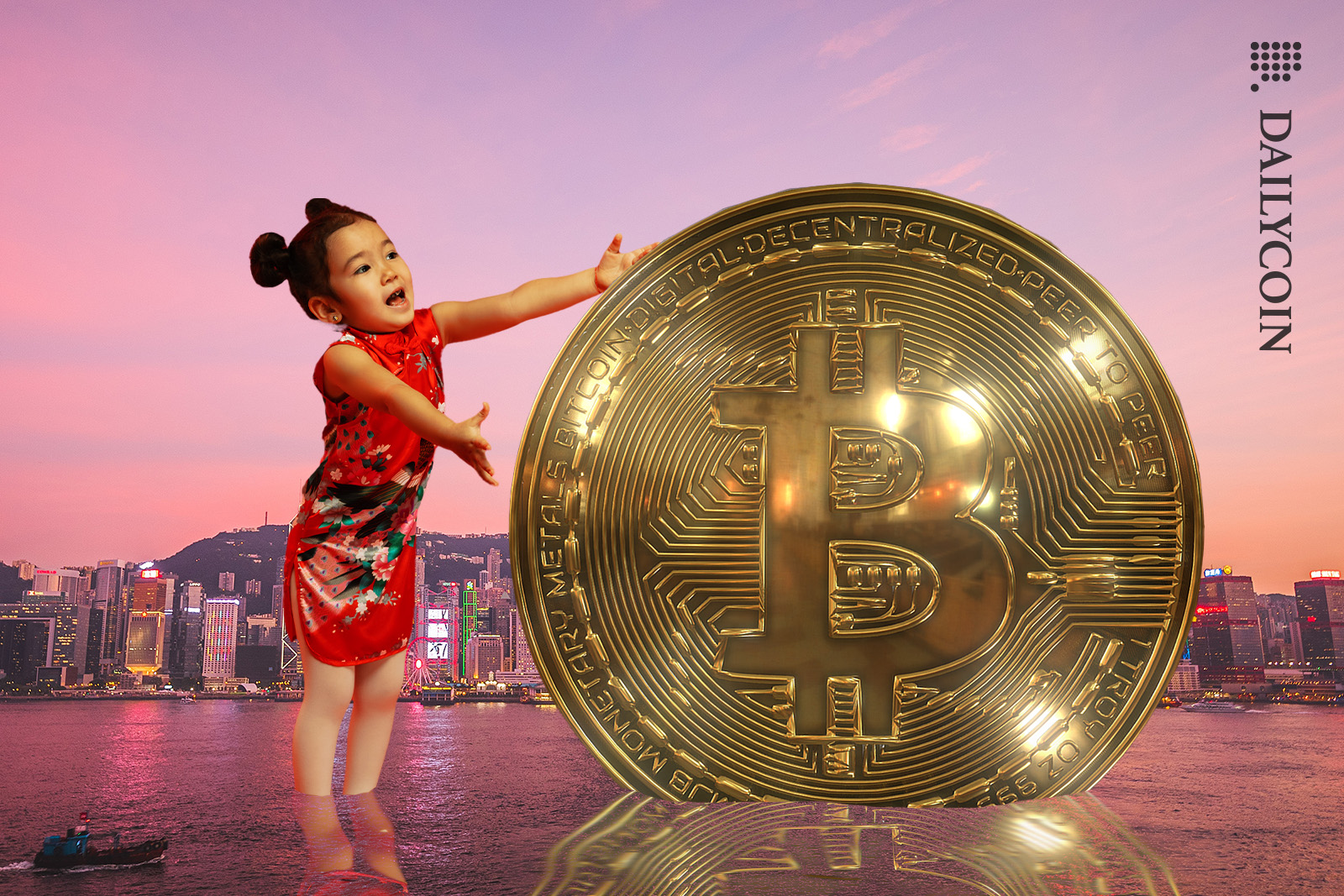 Girl on Hong Kong river excited about a massive Bitcoin.
