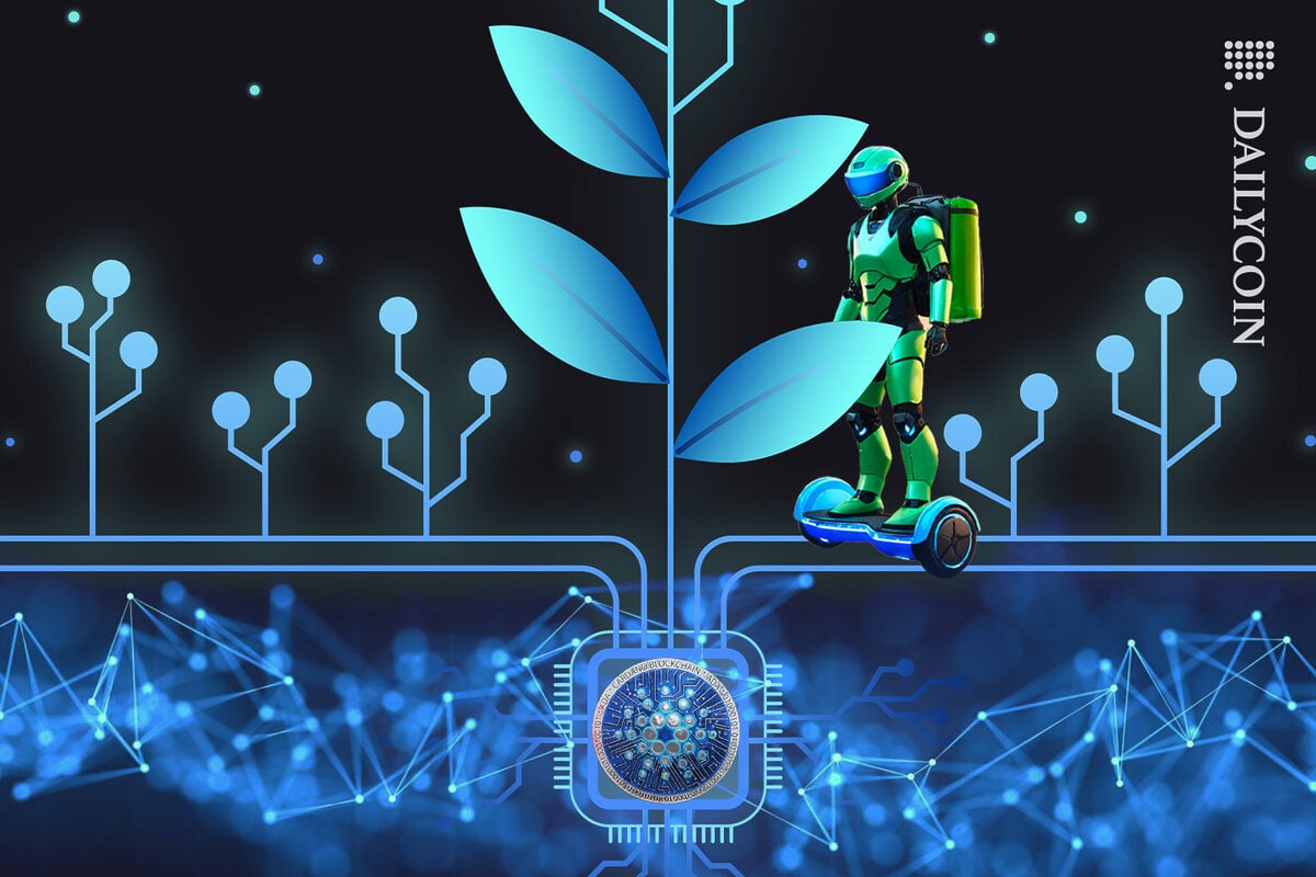 Robot on a hover board explosing different crops of cardano blockchain.