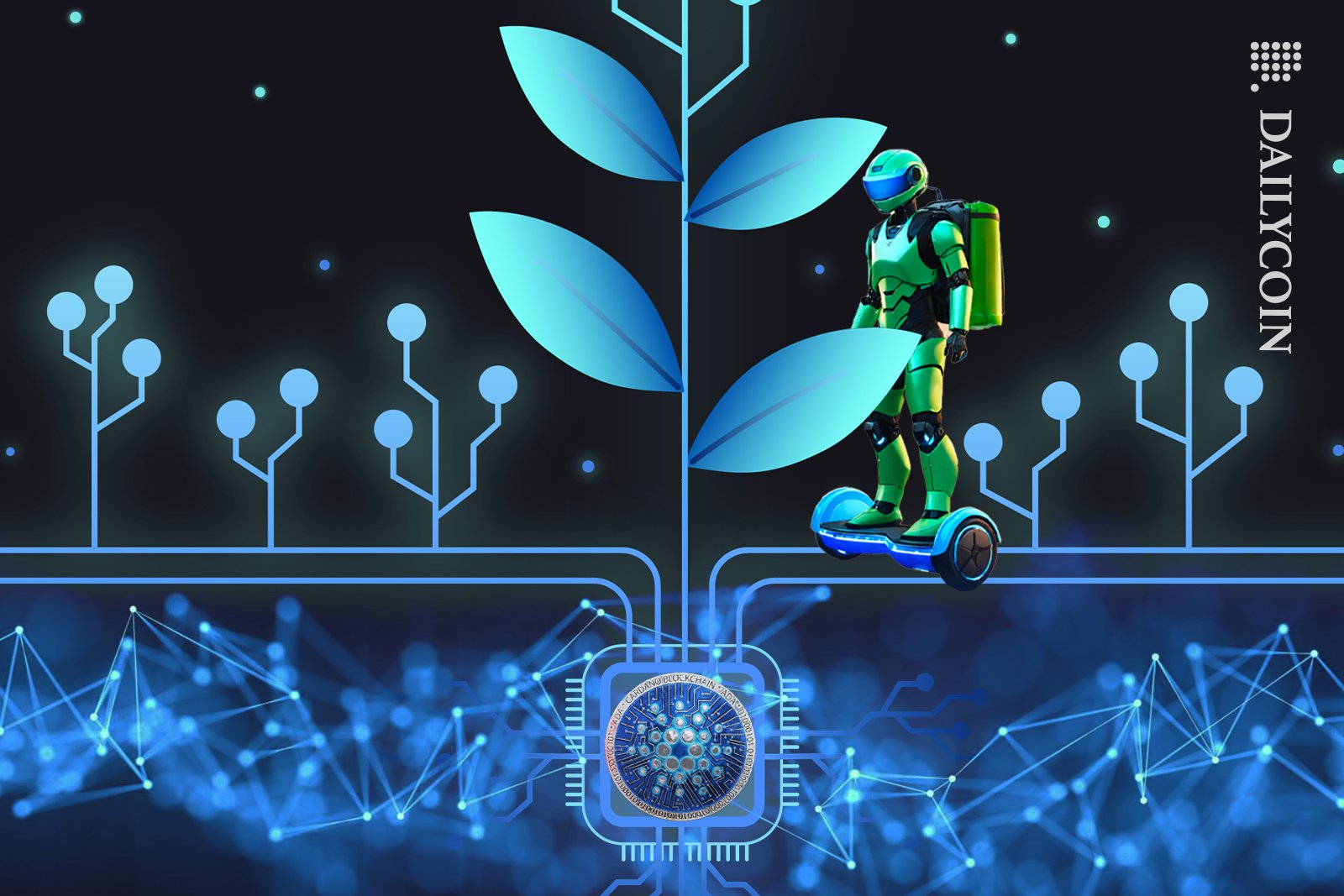 Robot on a hover board explosing different crops of cardano blockchain.