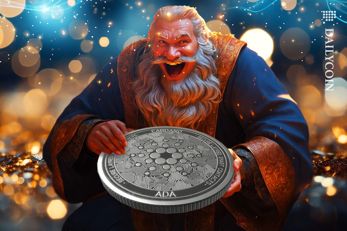 A big wizard with a huge Cardano ADA coin.