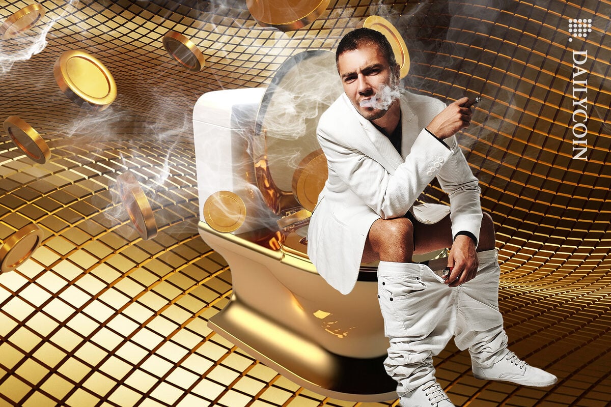 Man on a golden toilet dumping coins and smoking.