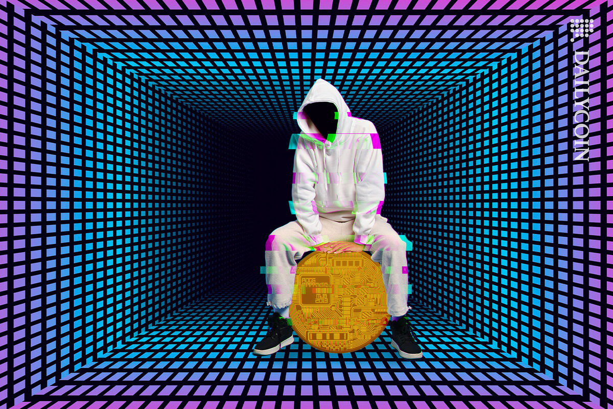 Hacker in a digital space playing with a crypto coin.