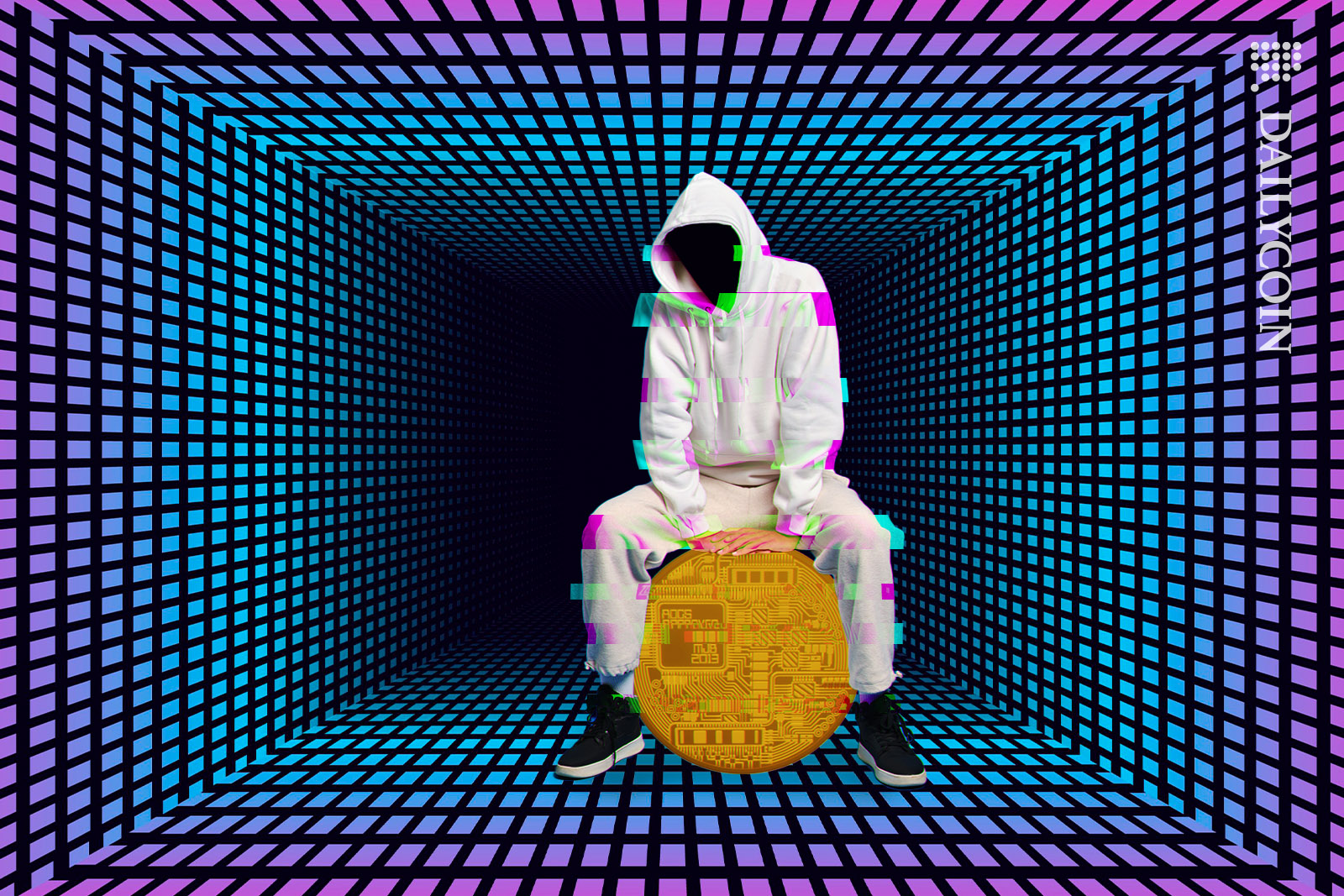 Hacker in a digital space playing with a crypto coin.